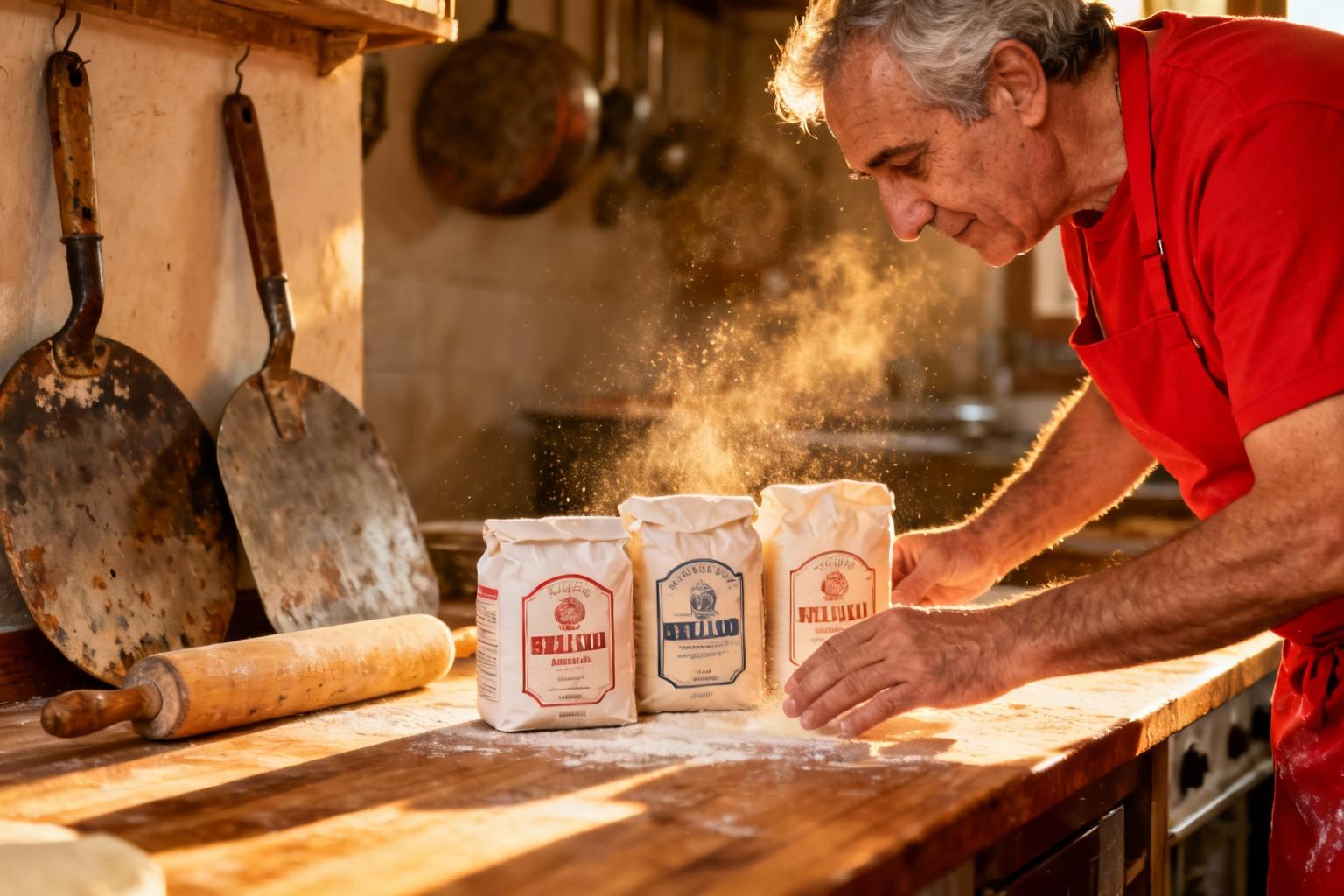 Boulanger européen de 50 ans choisissant des farines pour pizza, portant un tablier rouge dans une cuisine rustique