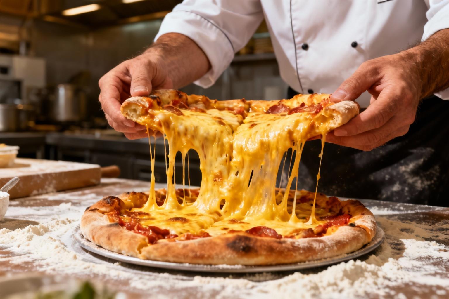 Mains d'un chef européen étirant la mozzarella dorée d'une pizza à croûte farcie dans une cuisine authentique