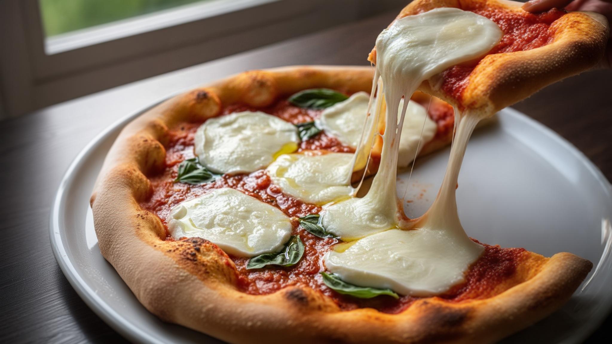 Mozzarella di bufala fraîchement coupée fondant sur une pizza maison bien cuite, avec des filaments de fromage