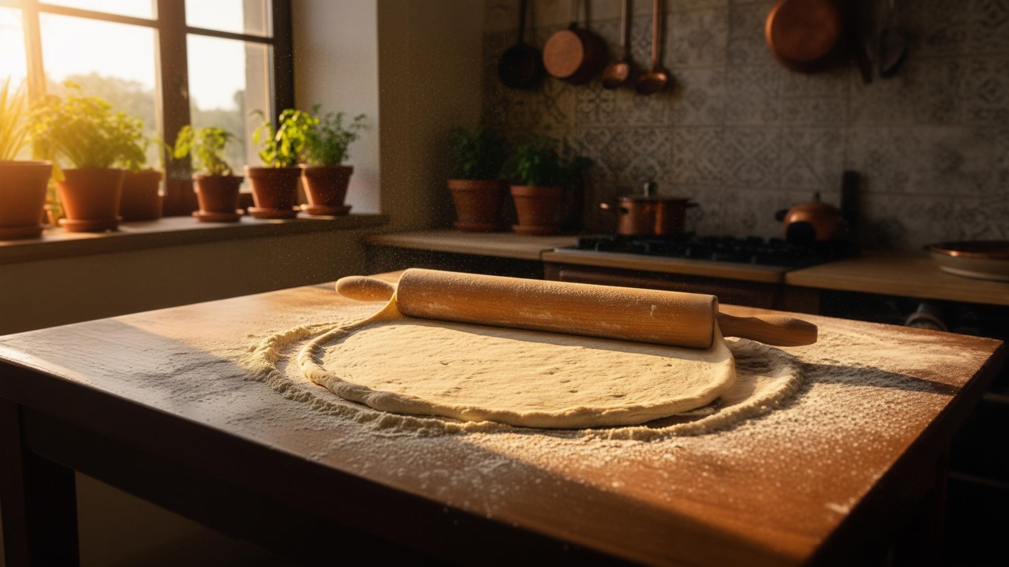 Pâte à pizza maison en cours d'étirage sur un plan de travail fariné avec un rouleau à pâtisserie en bois
