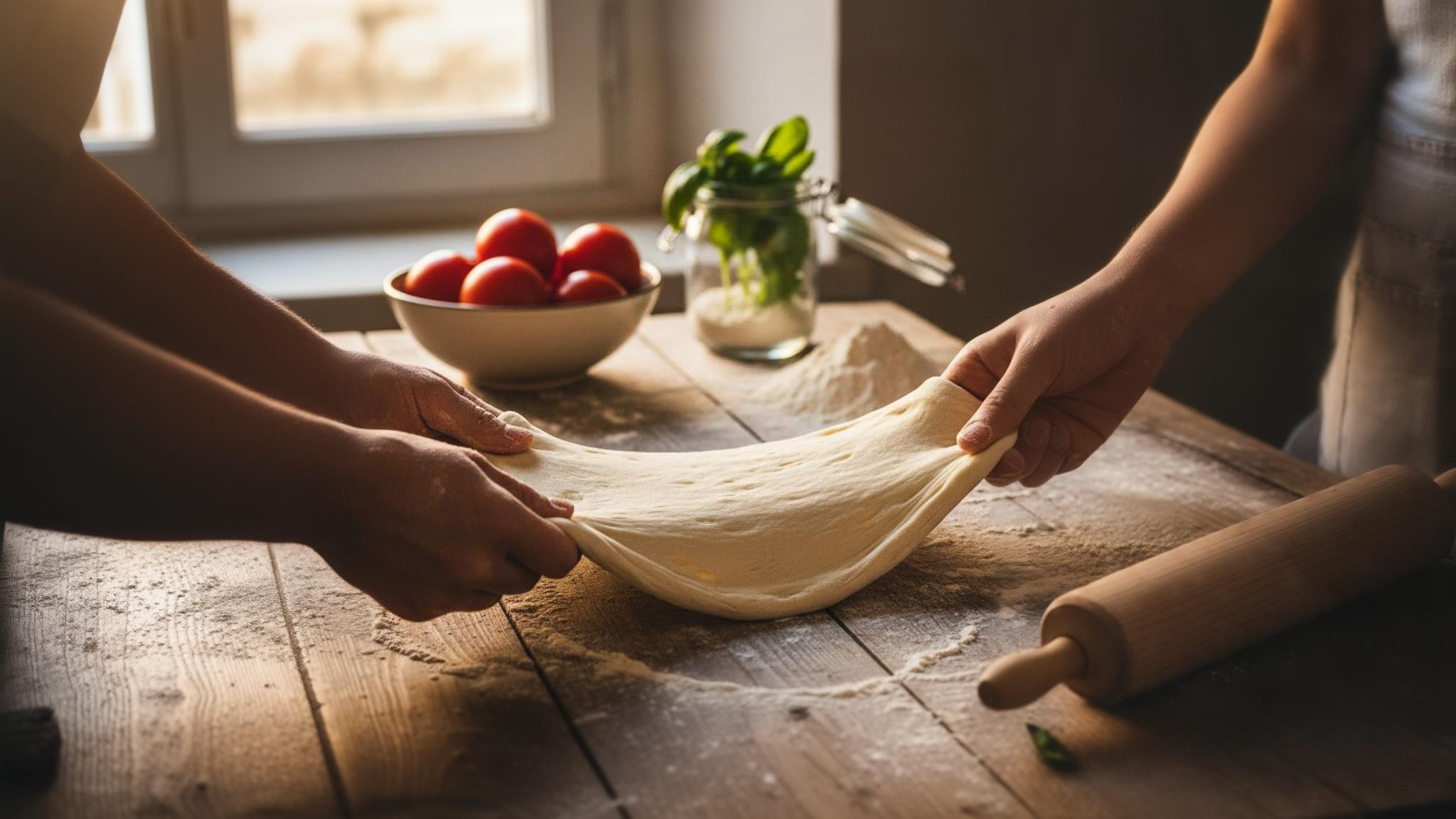 Pâte à pizza fraîche étalée à la main sur un plan de travail en bois avec farine, éclairée par une lumière naturelle dorée
