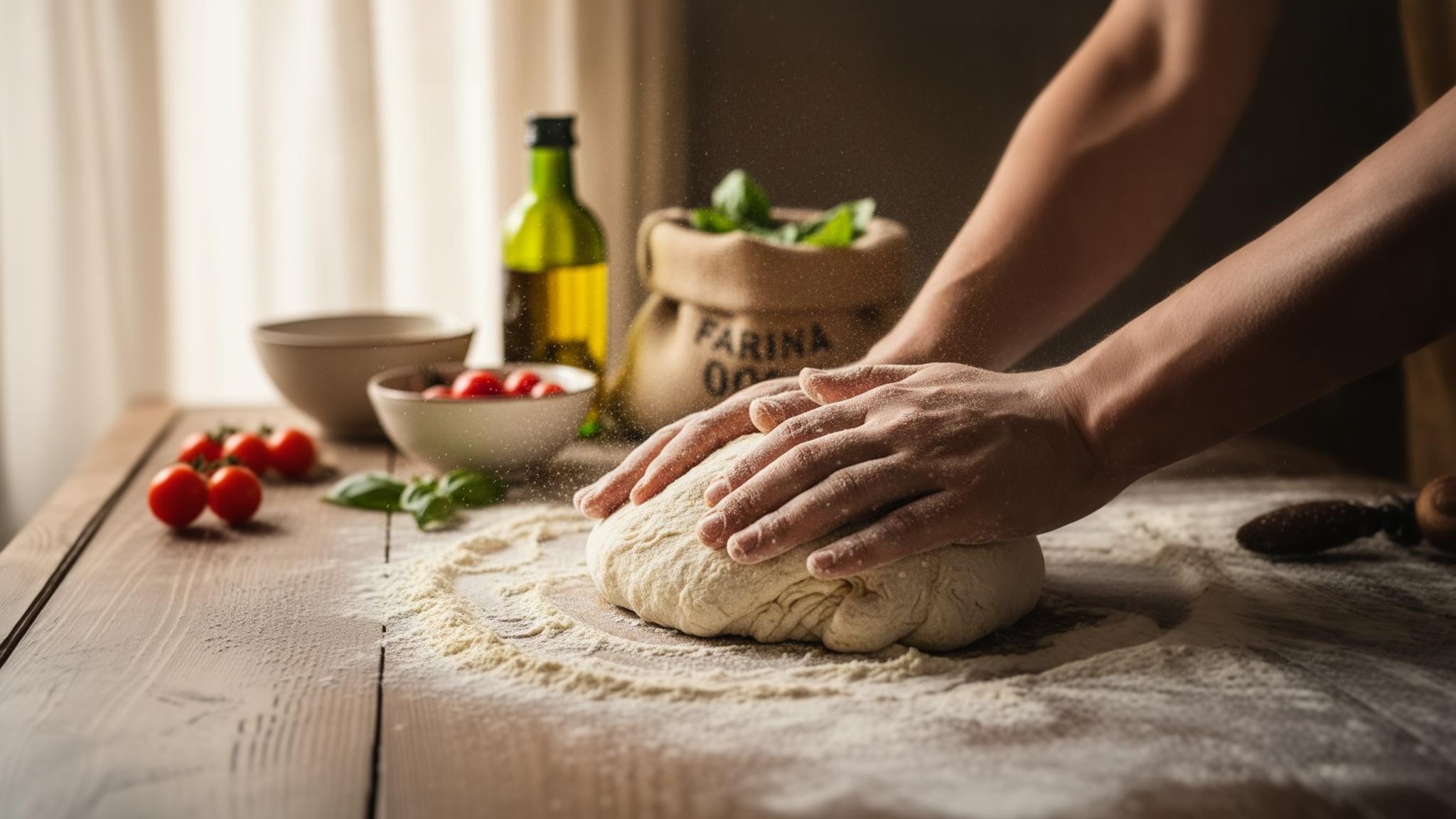 Mains pétrissant de la pâte à pizza fraîche sur une table en bois farinée, avec texture visible et particules de farine