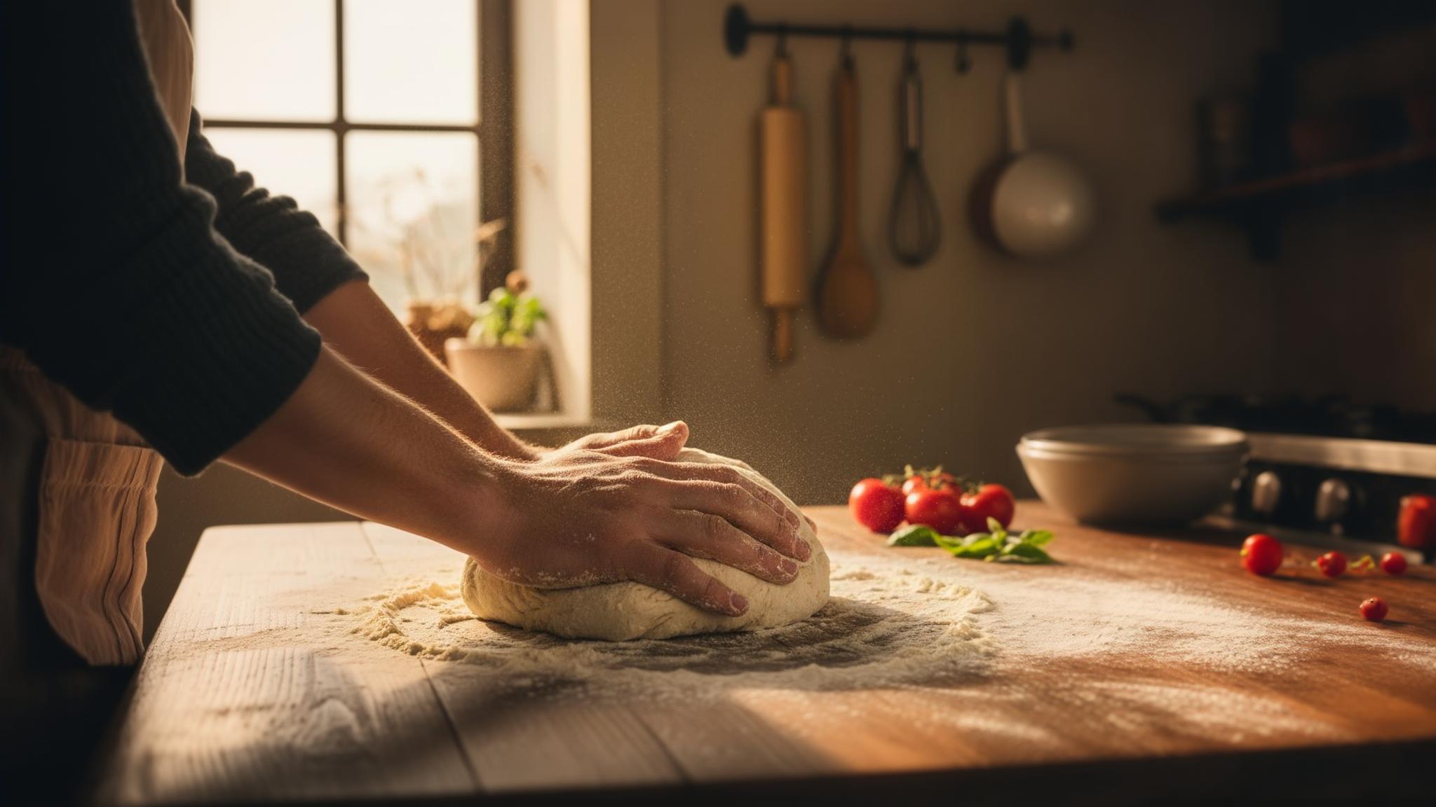 Mains pétrissant de la pâte à pizza maison sur une table en bois recouverte de farine, texture visible et lumière naturelle chaude