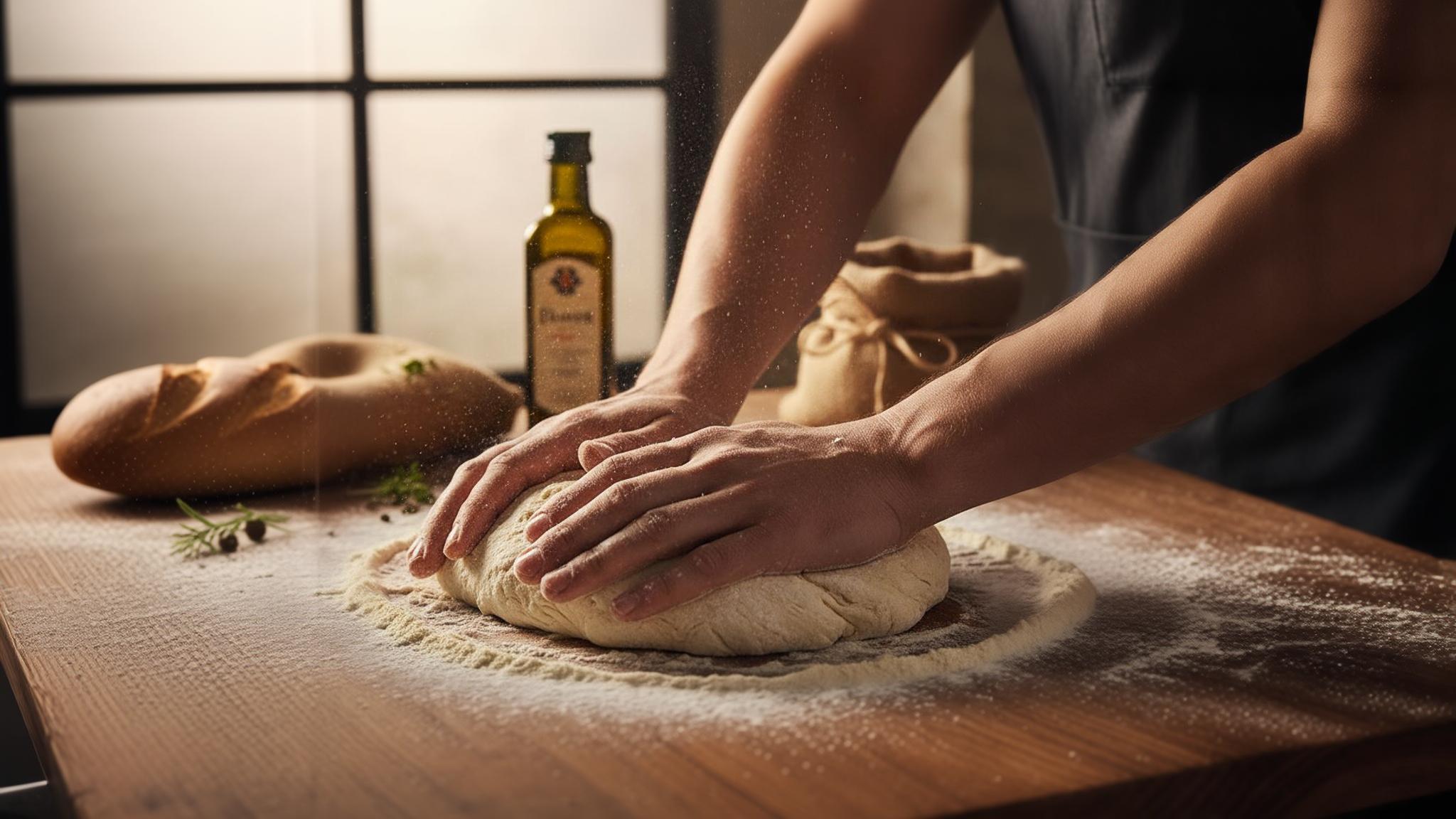 Main pétrissant une pâte à pizza sur une surface en bois farinée, avec des particules de farine en suspension dans l’air
