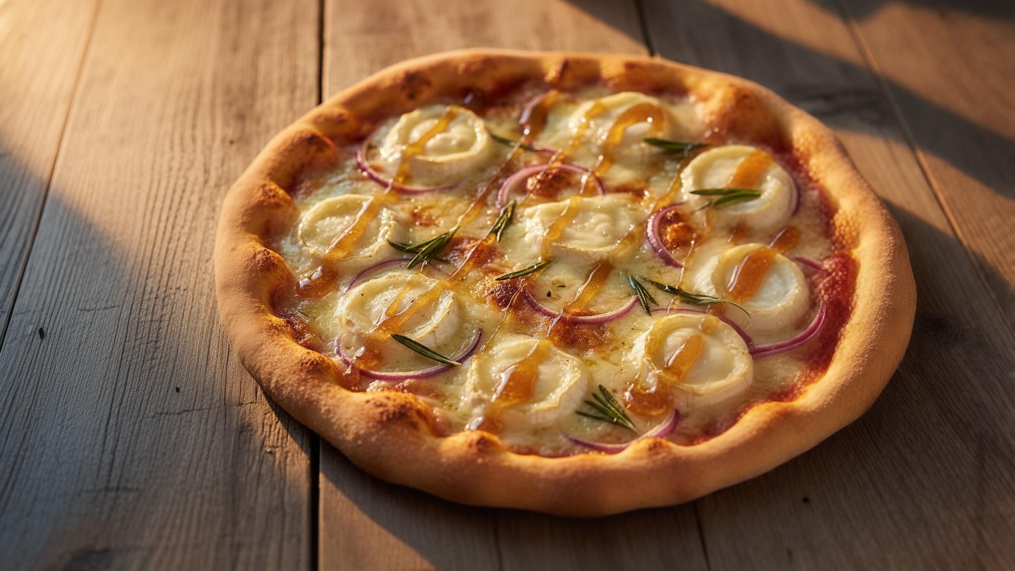 Pizza chaude au chèvre avec filet de miel, cuite à perfection sur une planche en bois lors de l'heure dorée