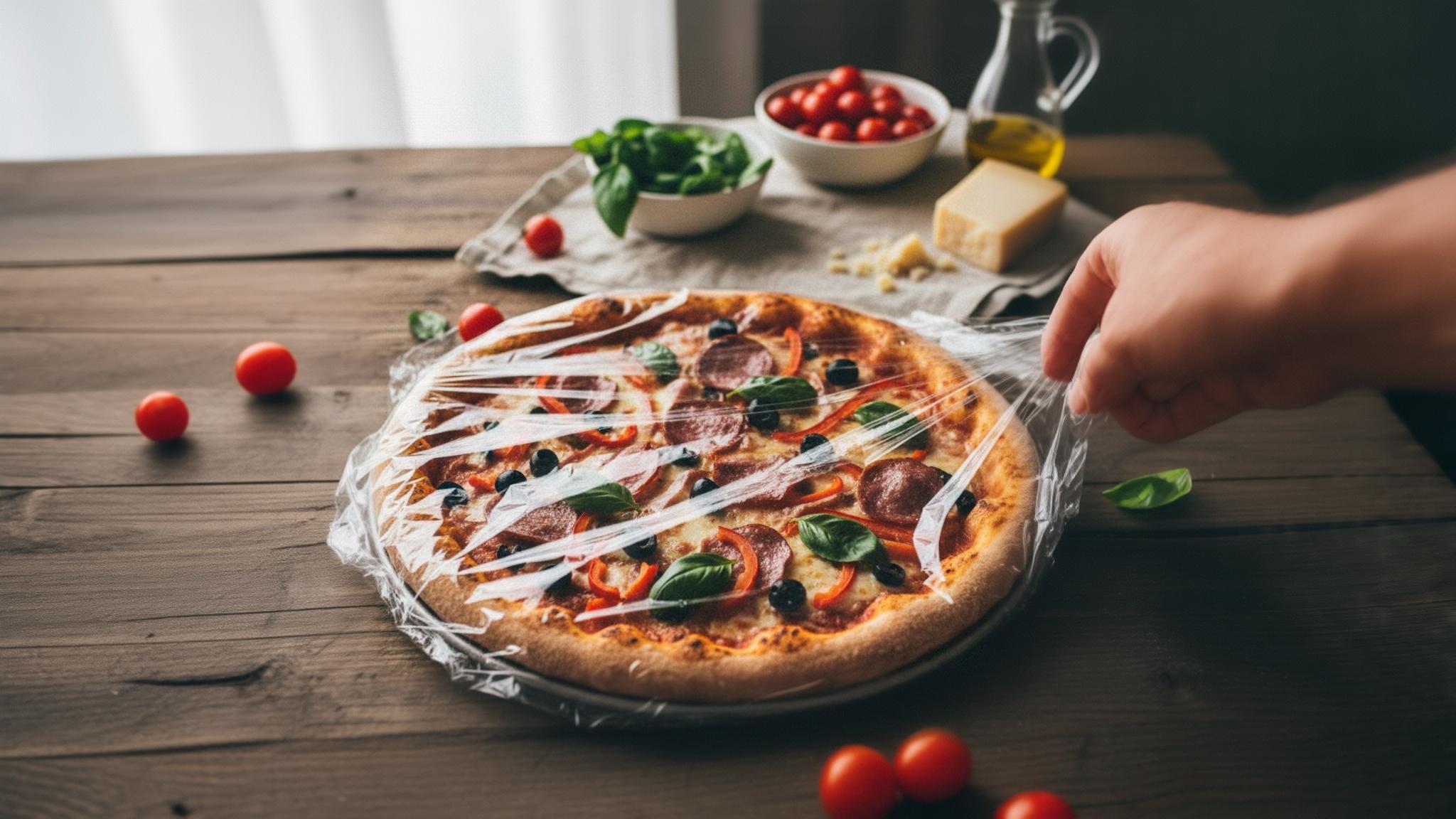 Pizza maison fraîchement préparée emballée dans du film plastique pour congélation avec ingrédients frais en arrière-plan