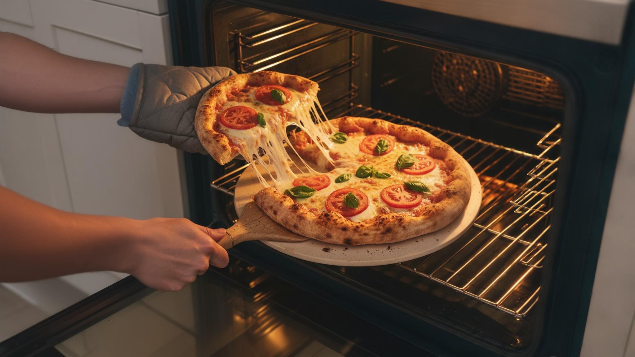 Pizza maison sortant du four avec fromage qui s'étire et croûte dorée, garnie de basilic frais et tranches de tomates
