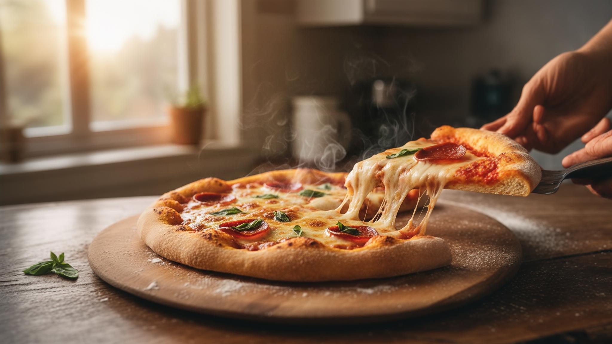 Close-up d'une pizza maison fraîchement sortie du four avec fromage qui bulle et croûte dorée, vapeur visible