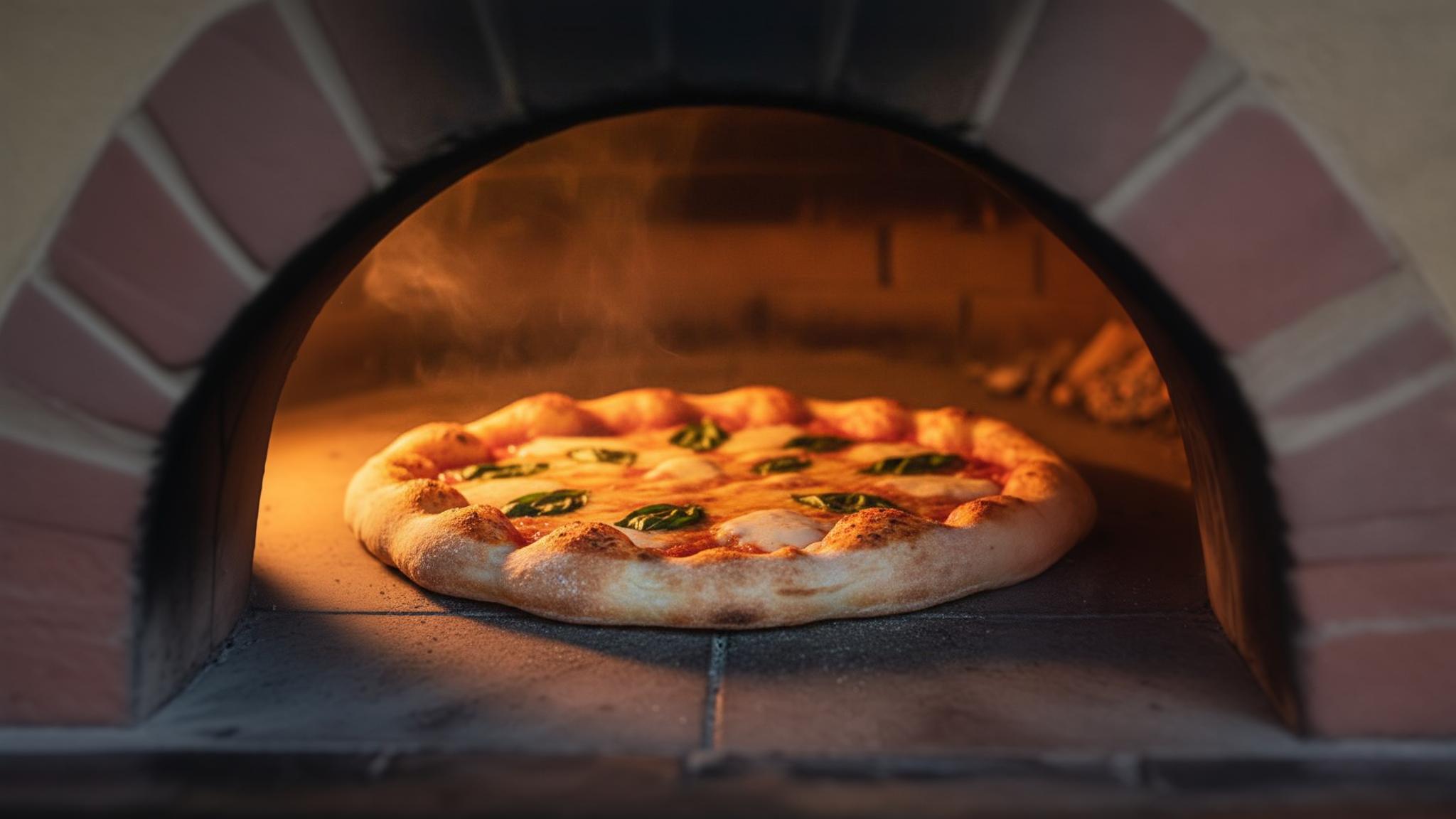 Pizza maison cuite au four à bois avec fromage qui fond et croute croustillante, éclairée par la lumière dorée du soir