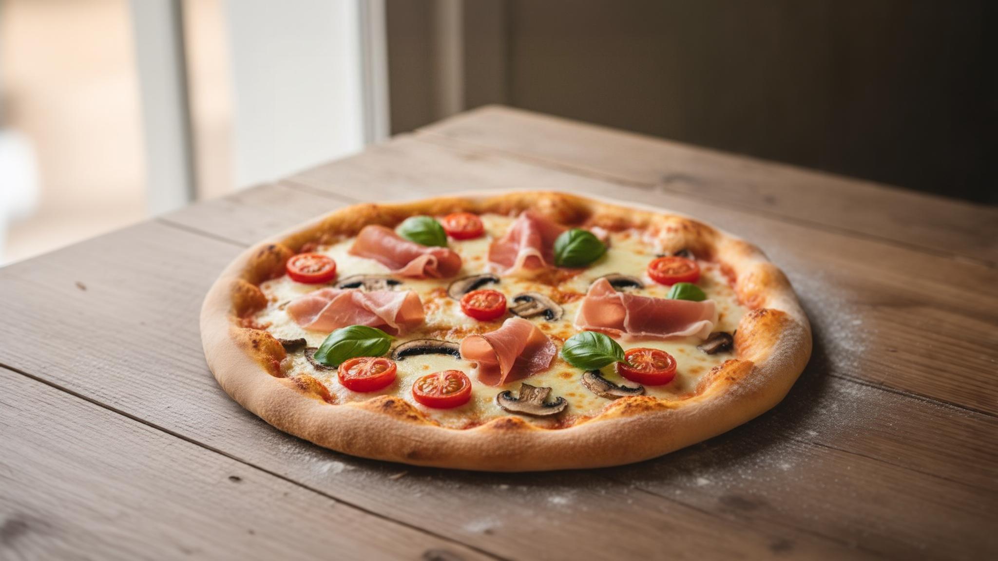 Pizza maison cuite au four avec mozzarella fondante, tomates cerises, basilic frais, prosciutto et champignons sur fond en bois rustique