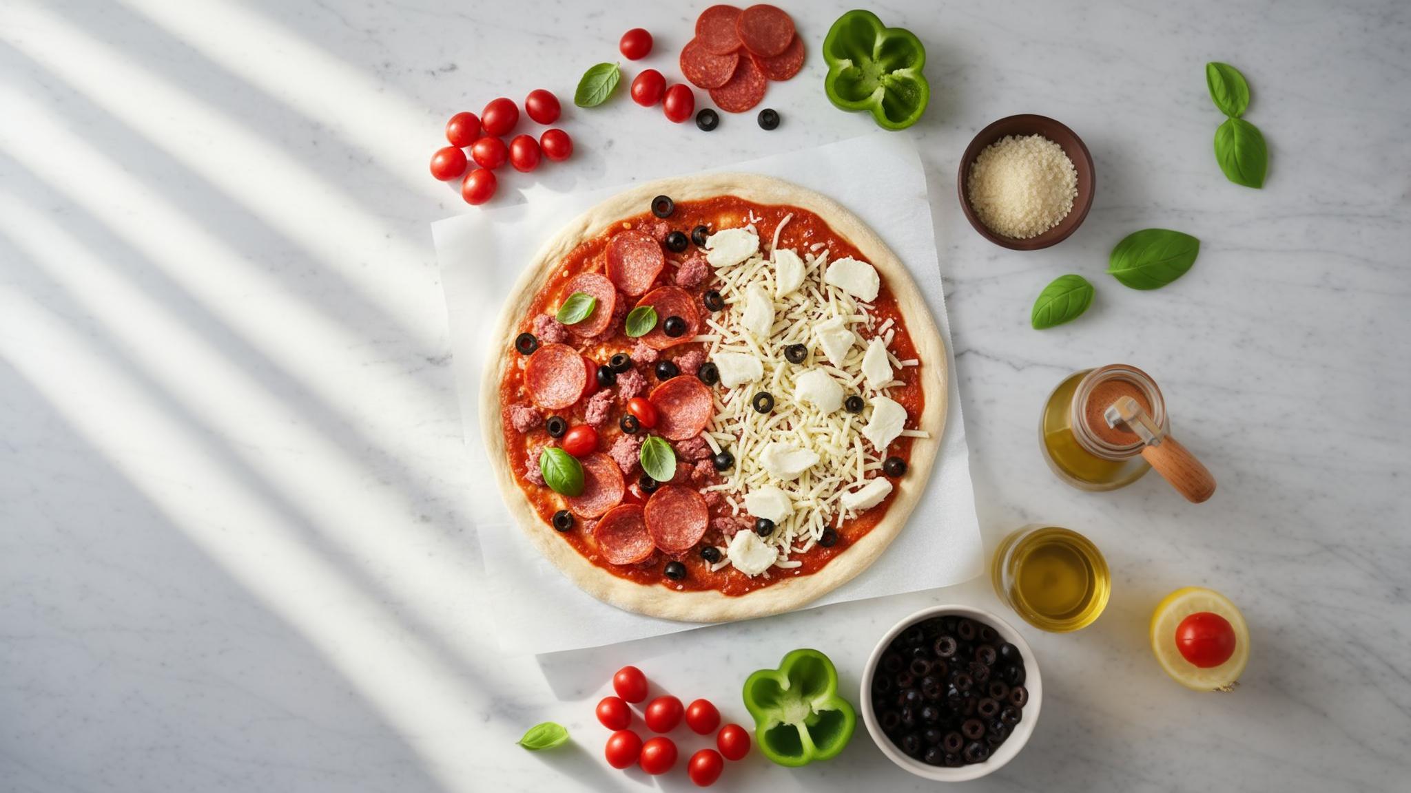 Pizza maison préparée sur plan de travail en marbre avec pâte crue et ingrédients frais éparpillés autour, vue en plongée