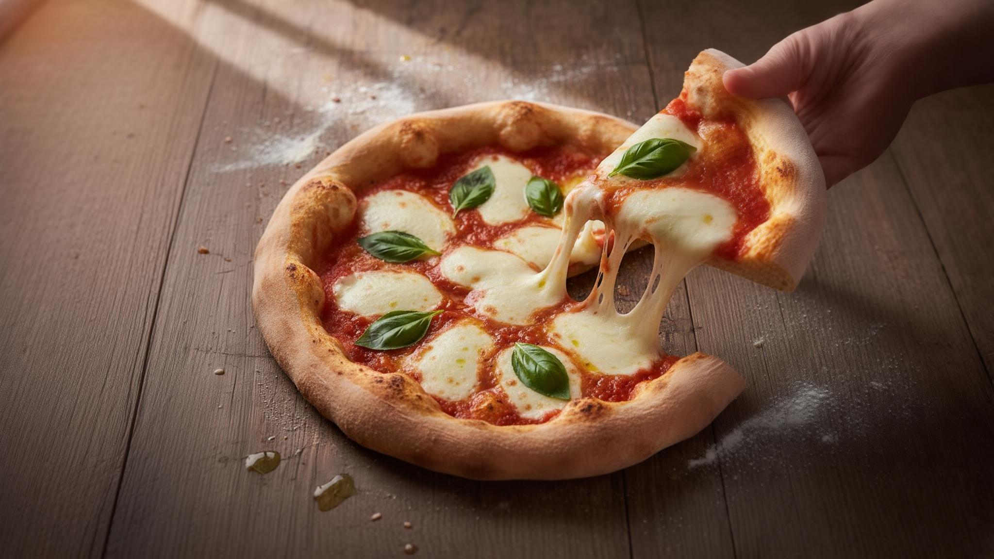 Gros plan sur une pizza margherita maison parfaitement cuite avec une croute aérée, mozzarella filante et feuilles de basilic frais