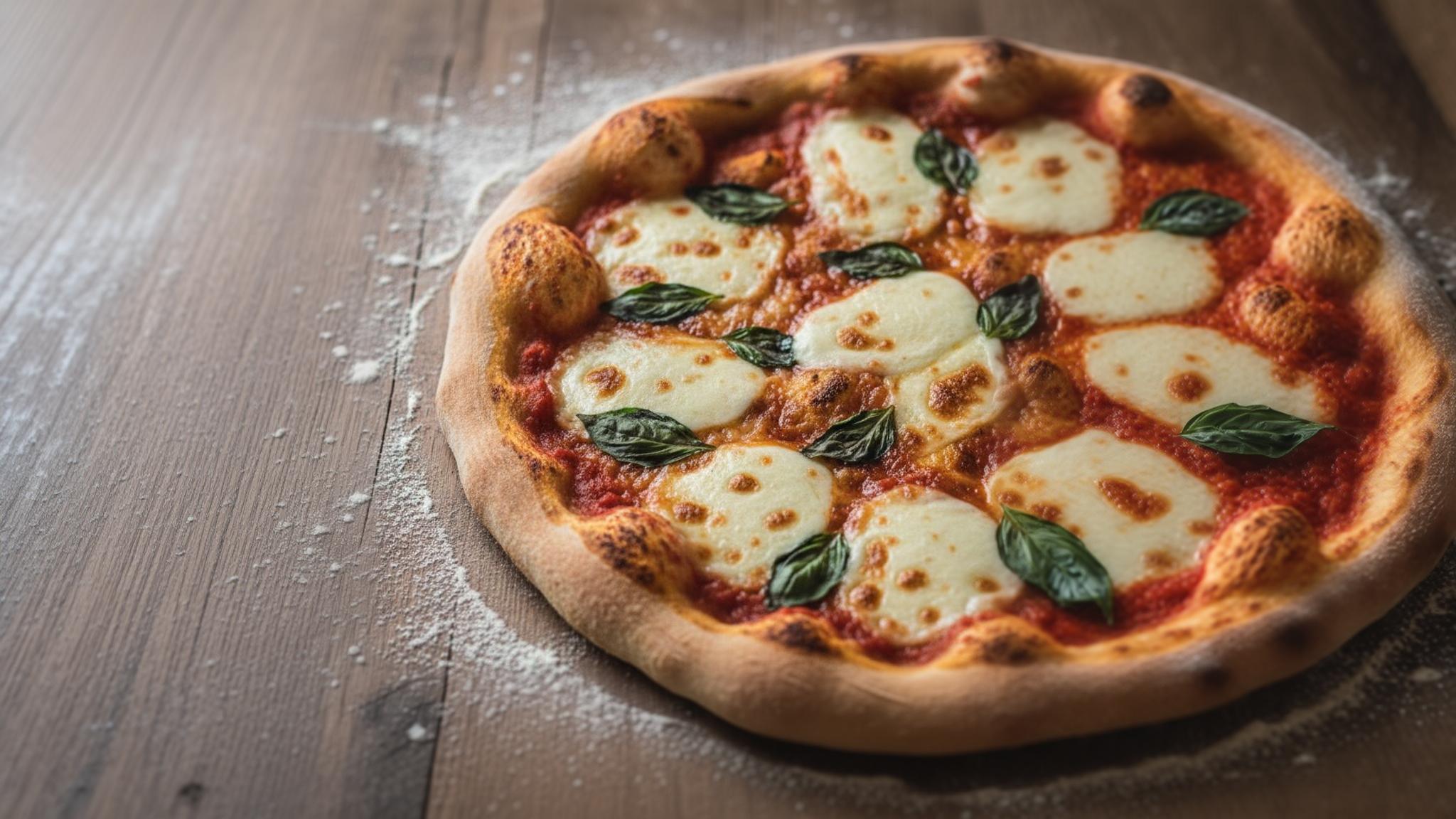 Pizza maison croustillante avec mozzarella fondante, sauce tomate vibrante et feuilles de basilic frais sur table en bois