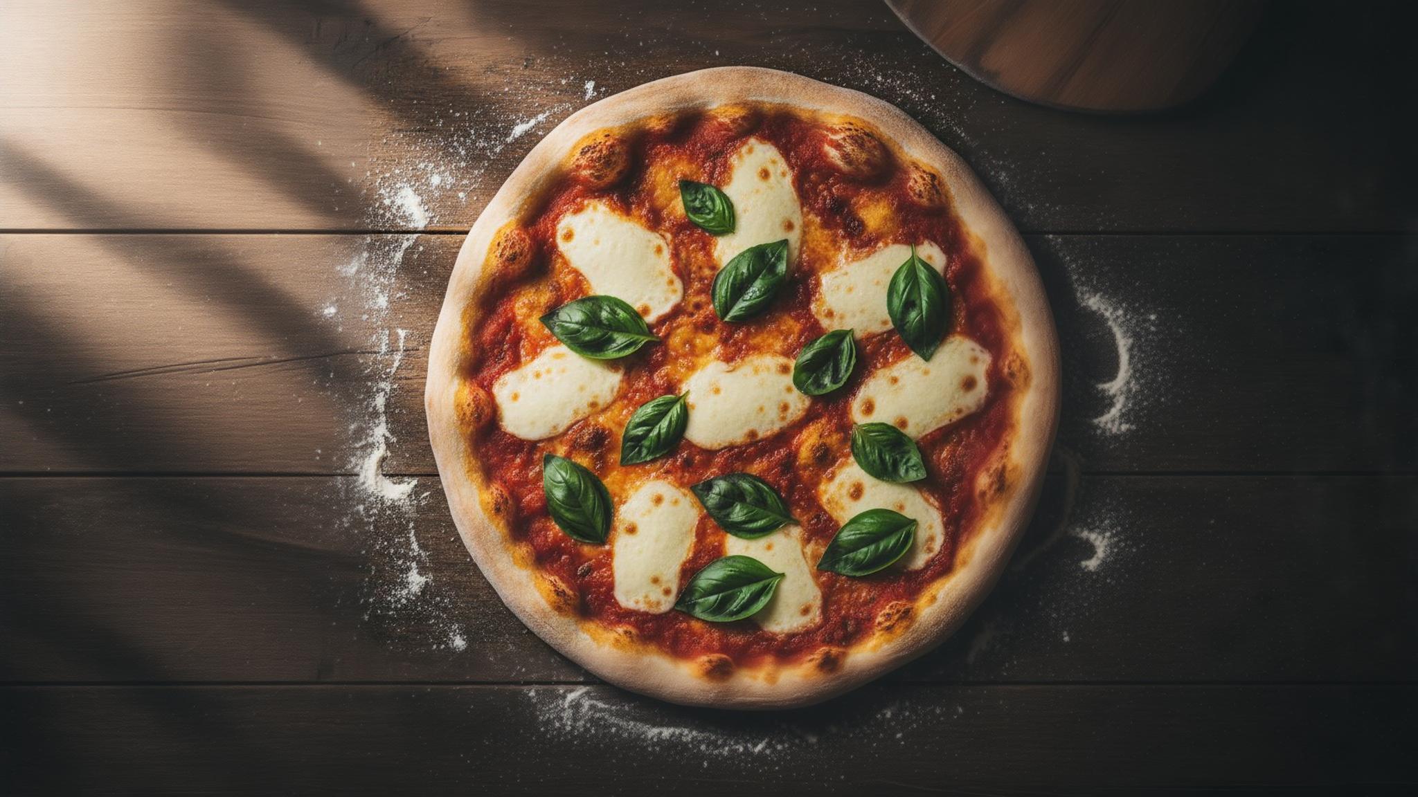 Pizza maison italienne avec mozzarella fondante, sauce tomate vibrante et feuilles de basilic frais sur table en bois