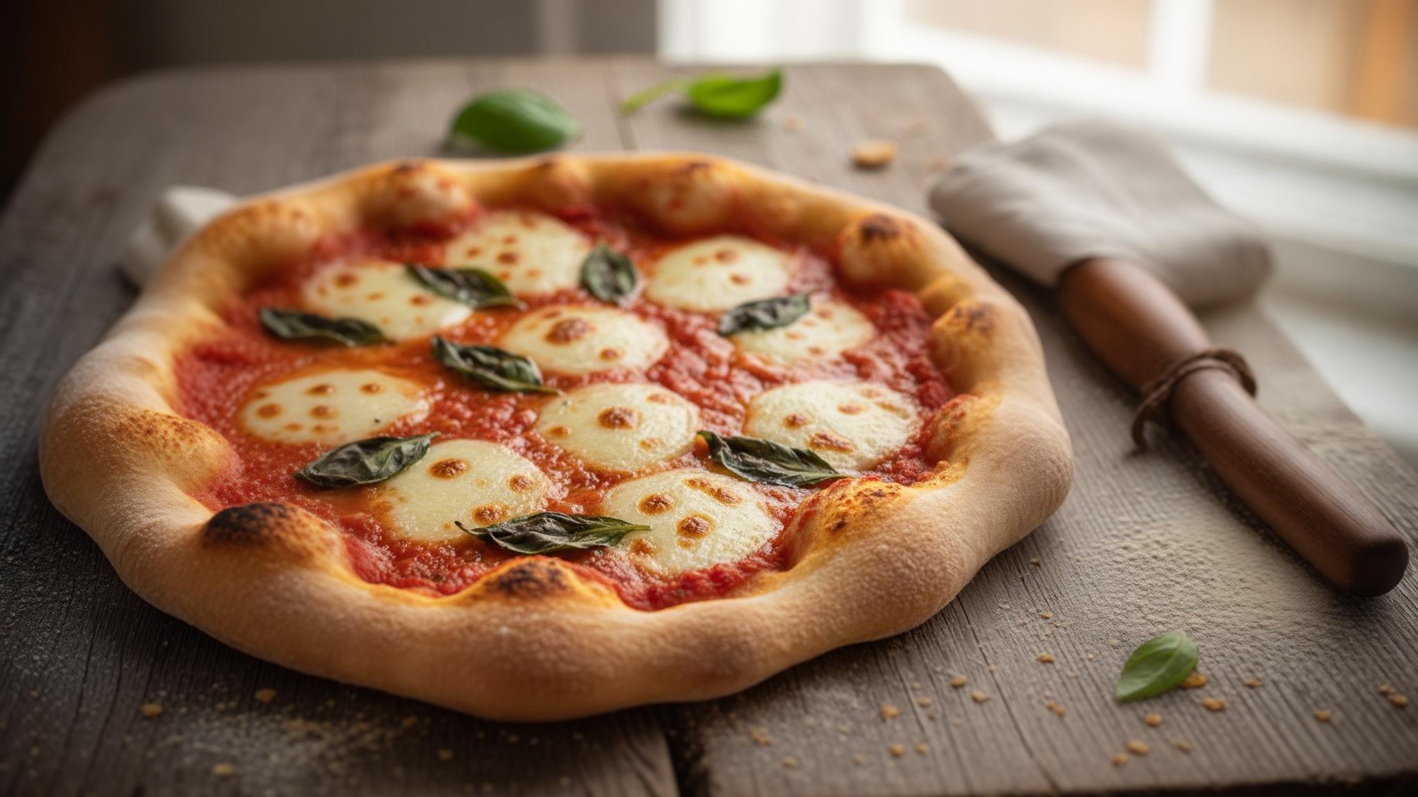 Pizza maison cuite au four avec mozzarella fondante, sauce tomate vibrante et feuilles de basilic frais sur une croûte dorée
