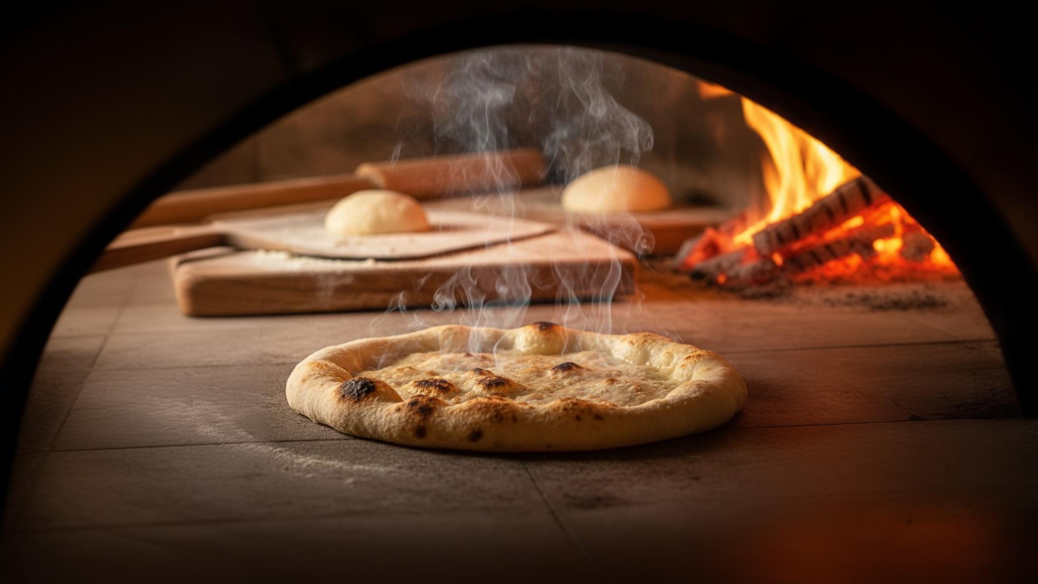 Pâte à pizza maison dorée en train de précuire dans un four à bois, avec une croûte légèrement carbonisée et de la vapeur qui s'échappe