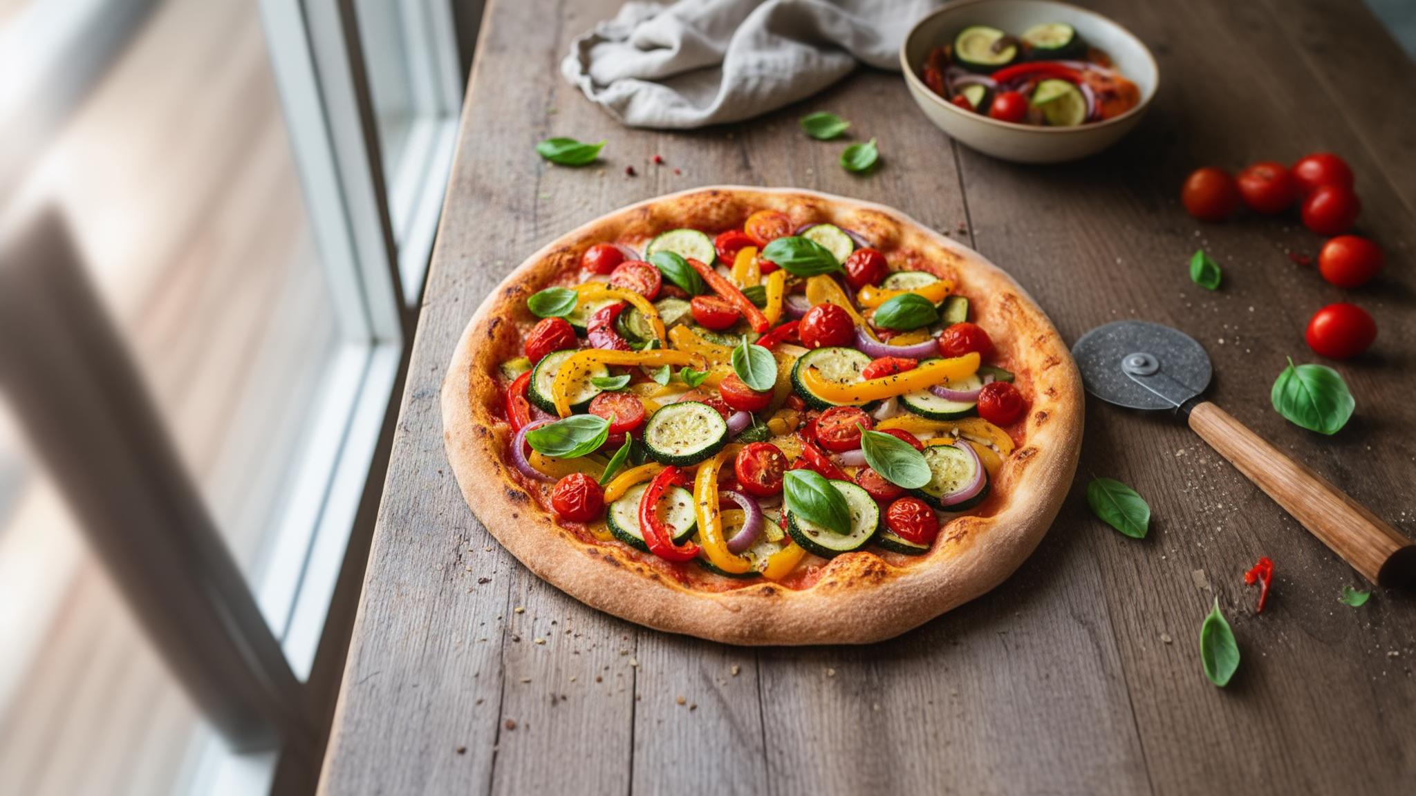 Pizza maison sans fromage garnie de légumes rôtis et feuilles de basilic frais sur table en bois