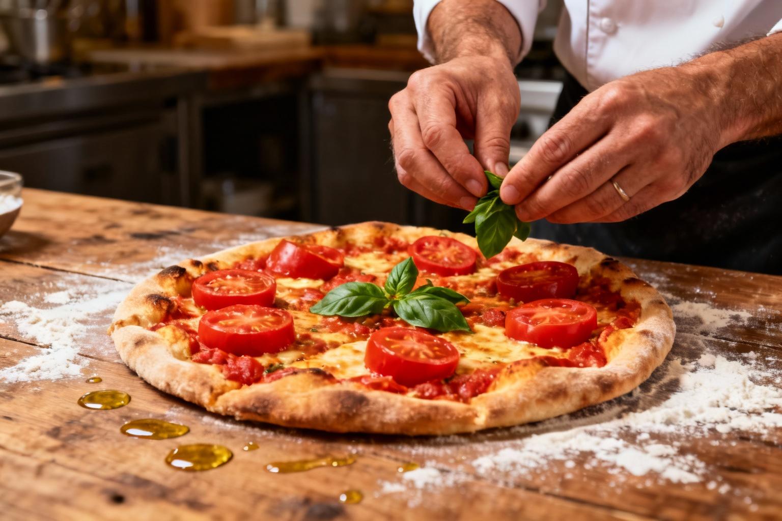 Pizza fraîchement préparée sans produits laitiers avec tomates rouges vives, croûte dorée et garniture de basilic