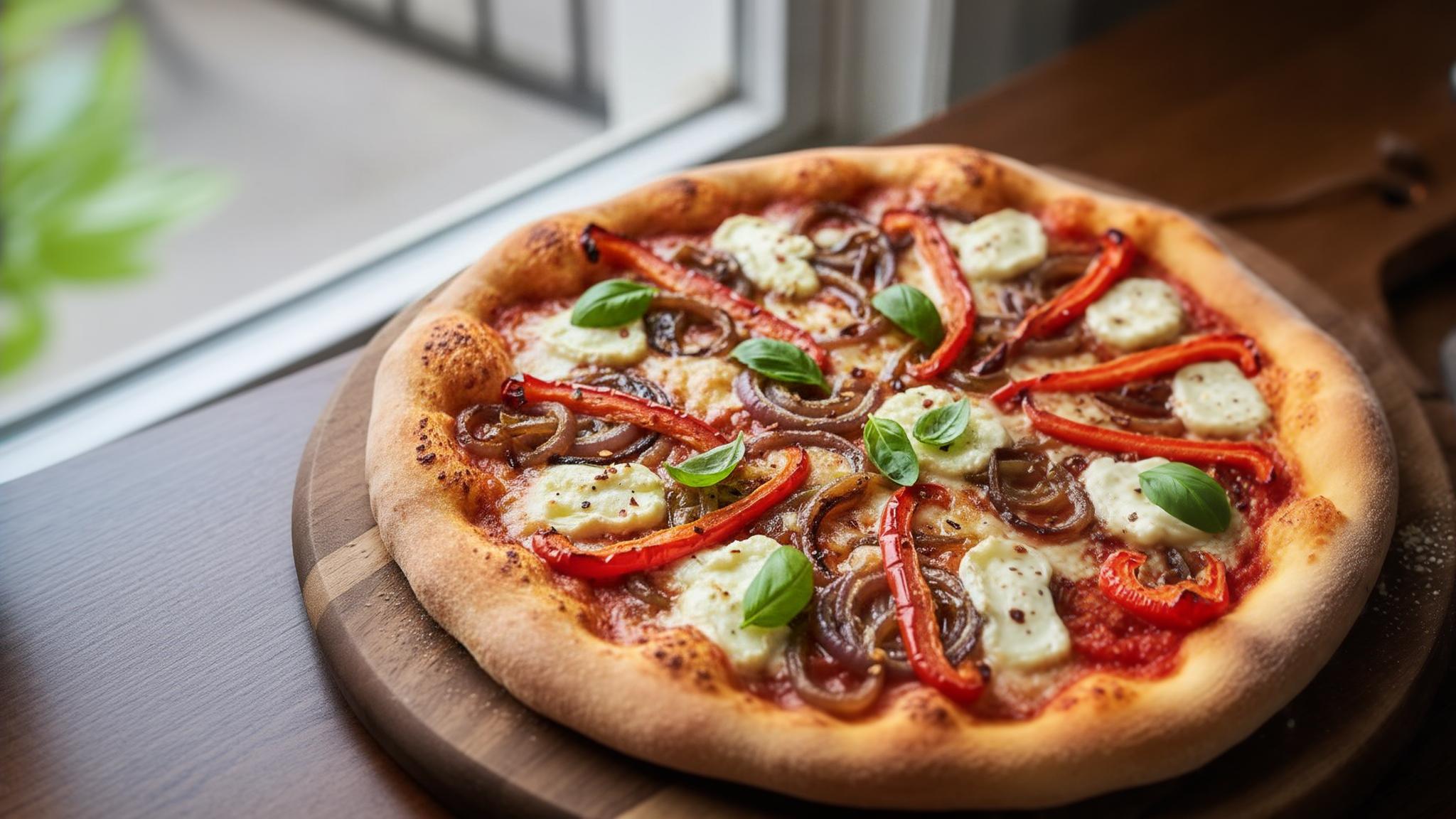 Pizza maison végétarienne avec oignons caramélisés, fromage de chèvre et poivrons rouges rôtis sur une croûte croustillante
