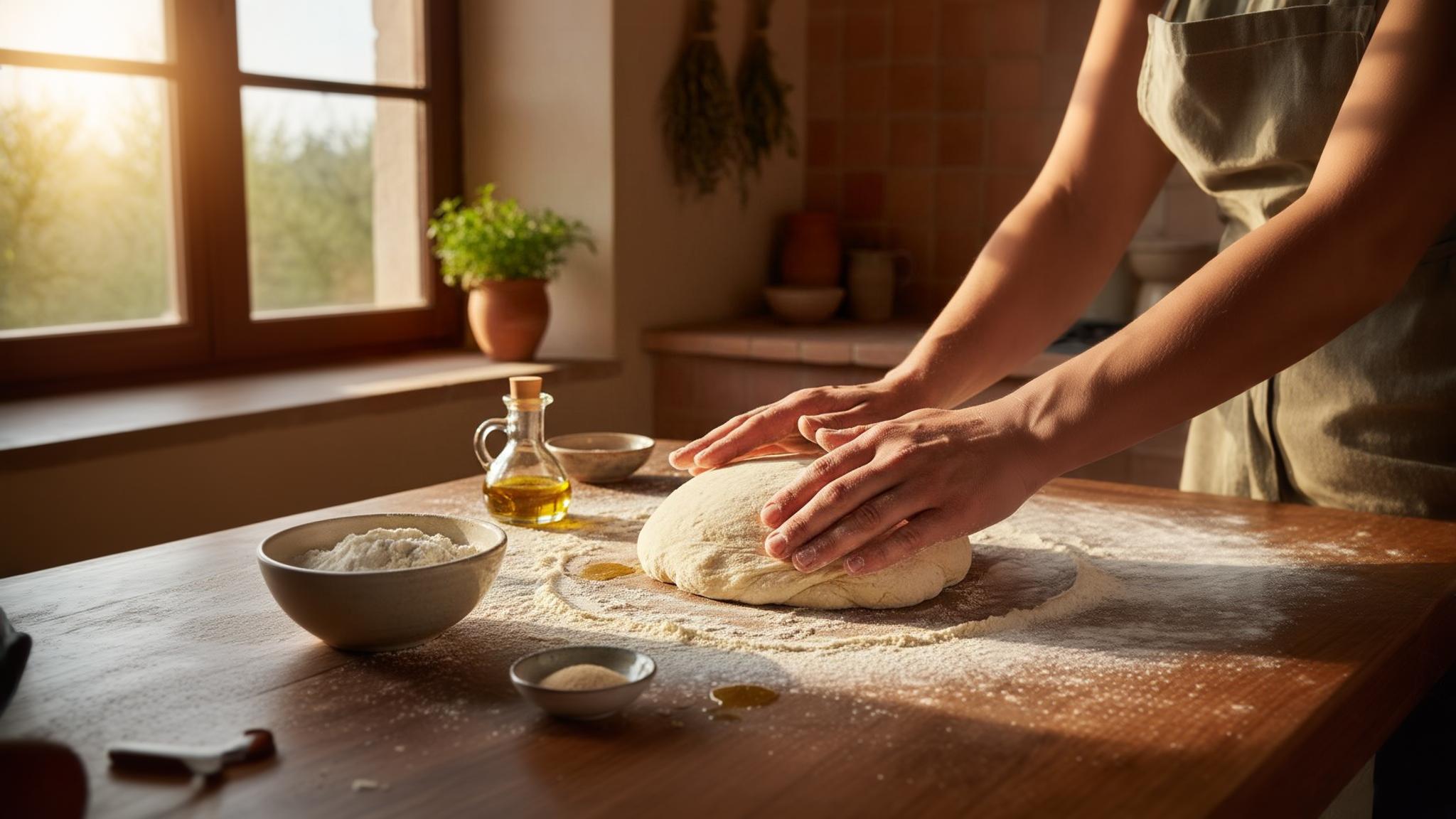 Mains pétrissant une pâte à pizza sur une table en bois avec farine, huile d'olive et levure visibles, éclairage chaud