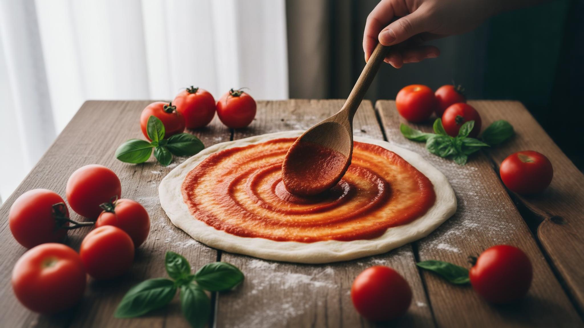 Sauce tomate fraîche maison étalée sur une pâte à pizza avec une cuillère en bois, fond rustique avec feuilles de basilic