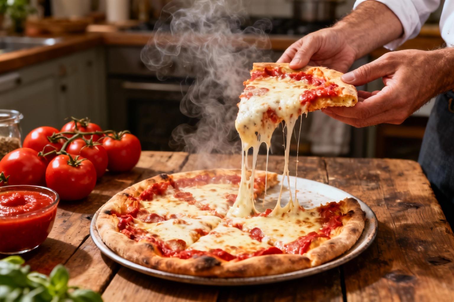 Pizza maison tenue par des mains européennes avec fromage fondu et sauce tomate rouge vibrante sur table en bois rustique