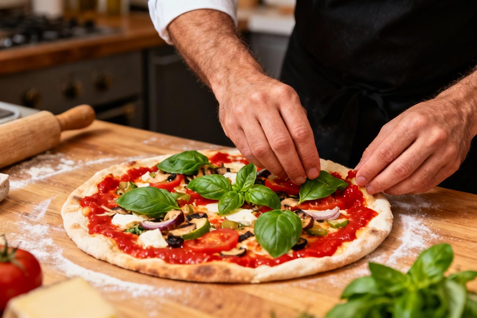 Pizza artisanale avec garnitures fraîches, basilic vert et sauce tomate rouge sur planche en bois