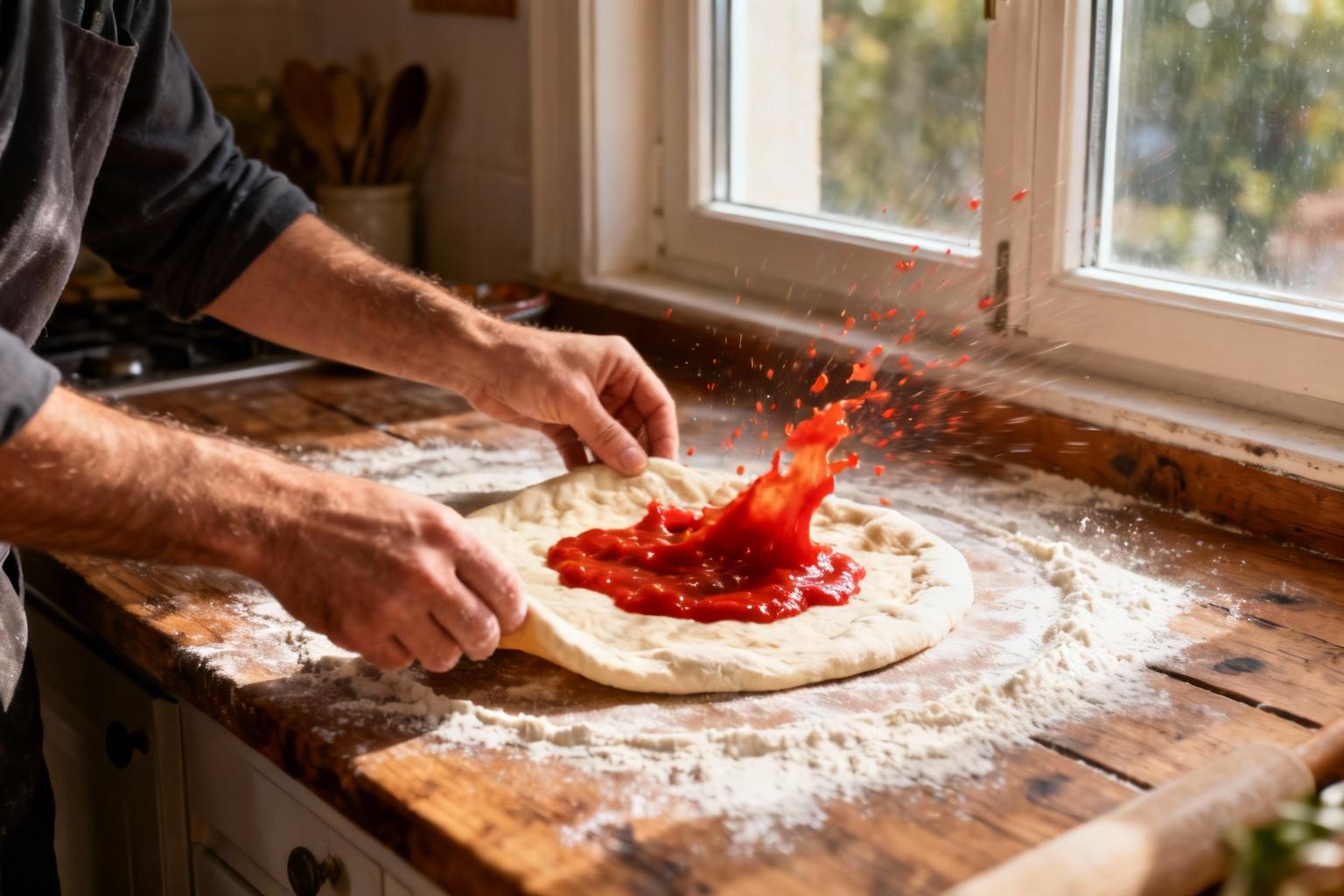 Mains préparant la pâte à pizza italienne avec éclaboussures de sauce tomate sur un plan de travail en bois rustique